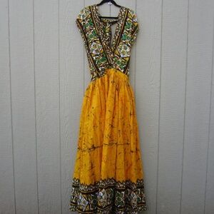 Womens Maxi Dress Free size M-2X Yellow Contrast Froral  Halter Neck Fairy READ*